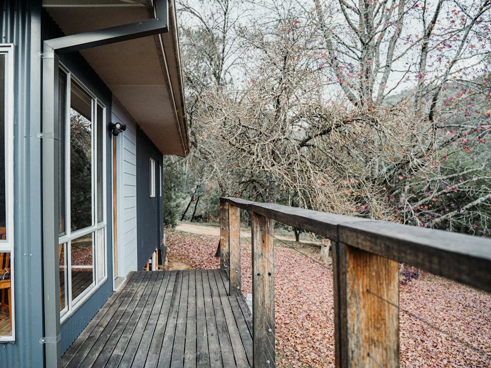 Wooden deck with a table and chairs